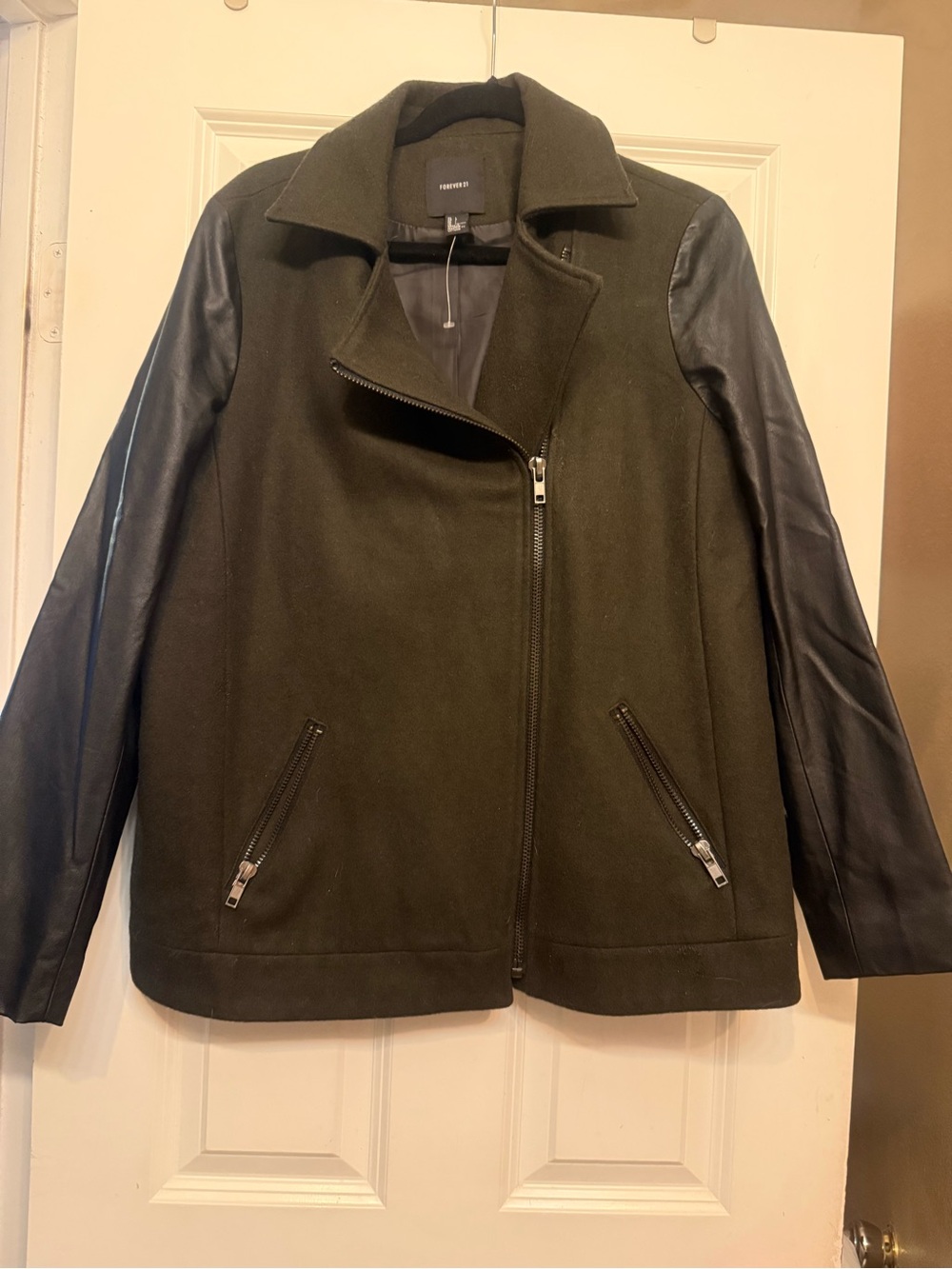 Forever 21 Olive Green Jacket with Black Faux Leather Sleeves